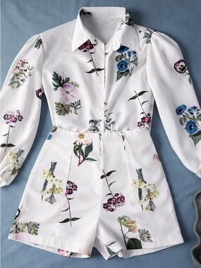 Floral Print White Button-Front Playsuit